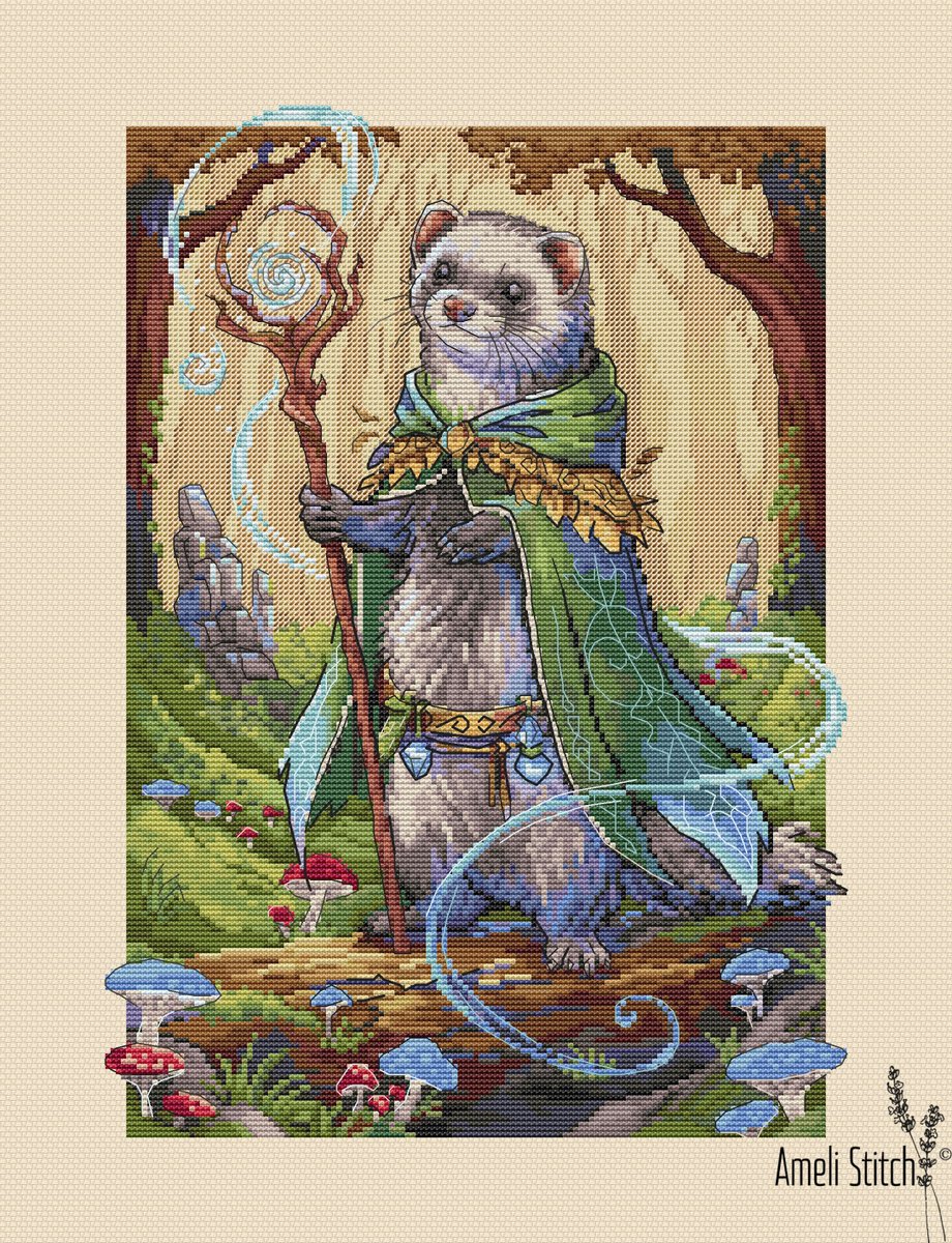 Horned_Hut's tweet photo. Guys, I bought myself this cute druid ferret yesterday! I was afraid that the embroidery pattern would become more expensive and I wouldn't have time to buy it at the old price. I'm waiting for other patterns from this designer's series. https://t.co/94sgy4jmev
