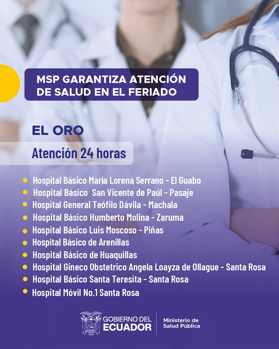 Salud_ElOro's tweet photo. 🏥 ¡En este #FeriadoSeguro tu salud no se detiene!  Garantizamos la atención 24/7 en los hospitales de El Oro y Centros Tipo C El Paraíso, Brisas del Mar y Velasco Ibarra en Machala.  Emergencias operativas para ti y tu familia . https://t.co/hu8fCh6Mcu