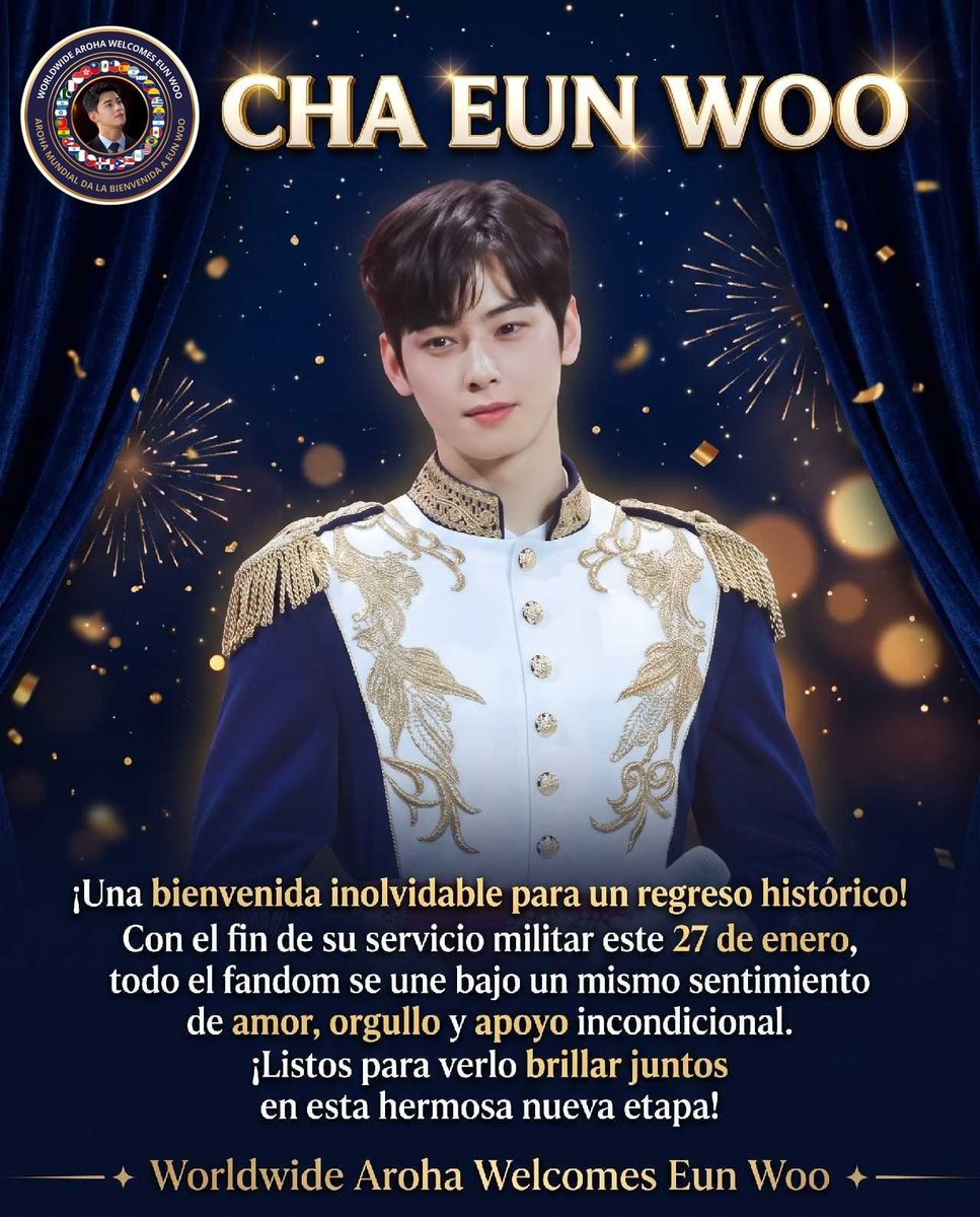 jua25732's tweet photo. Un regreso histórico merece una bienvenida inolvidable.  
Este 27 de enero marca el fin del servicio militar de Cha Eun Woo y el comienzo de un nuevo capítulo. Todo el fandom alrededor del mundo se ha unido bajo un mismo sentimiento de amor, orgullo y apoyo incondicional para celebrar este momento tan esperado.  
El telón está a punto de abrirse. ¡Estamos listos para verte brillar juntos en esta hermosa nueva etapa!  
#ChaEunWoo #AROHA #WorldwideArohaWelcomesEunwoo #LatamWelcomesEunwoo #GlobalArohaForEunwoo