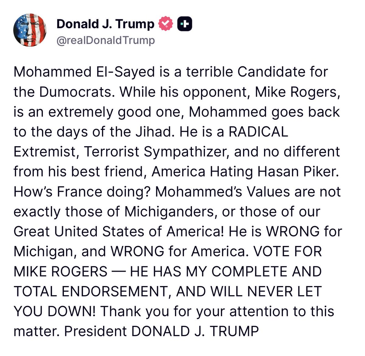 MAGAVoice's tweet photo. 🚨 JUST IN: At 11:13 PM President Trump ENDED Mohammed El-Sayed’s entire CAREER in 1 post:

- “A Terr*rist Sympathizer”
- “He’s a Radical Extremist”
- “Mohammed goes back to the days of Jihad”

TRUMP WITH THE ABSOLUTE MIC DROP 🔥 https://t.co/62UK6fH5Ab