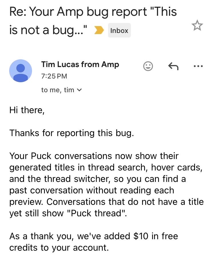 murthyug's tweet photo. @ampcode. This is a sweet way to acknowledge bug reporting and its fixed too https://t.co/jl8WXcdWQq