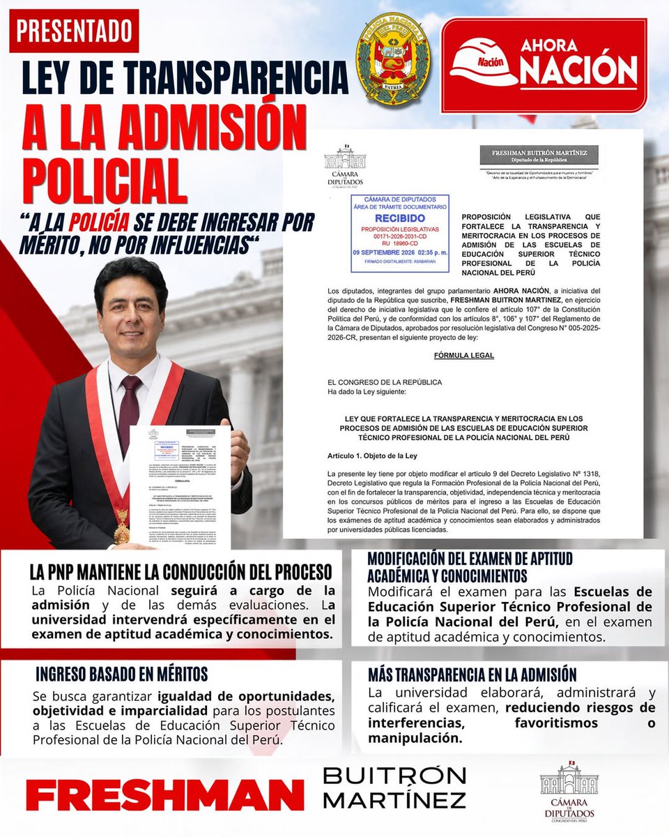 FreshmanBuitron's tweet photo. Presentamos el proyecto de ley de Transparencia a la Admisión Policial: el examen de aptitud académica lo elaboraría y calificaría una universidad pública licenciada, por convenio con la PNP, que seguiría conduciendo la admisión.

📅 10 de septiembre de 2026 https://t.co/5wC3wnvrVz
