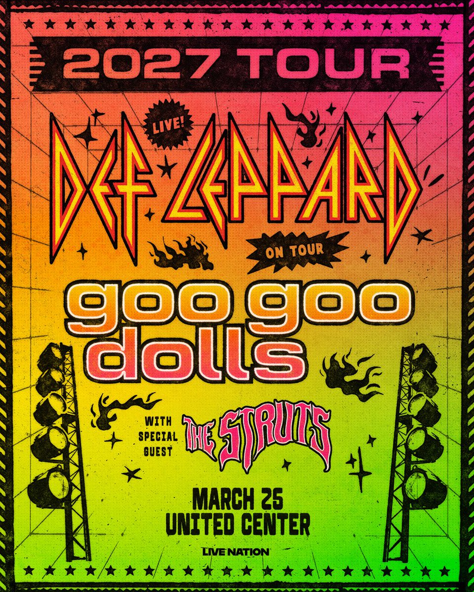 UnitedCenter's tweet photo. JUST ANNOUNCED! 🎸 Def Leppard &amp; Goo Goo Dolls are coming to United Center on March 25 with special guest The Struts! Tickets on sale Friday, Oct 16th @ 10AM CT.

For more info, visit: https://t.co/KmDyKZnUWv https://t.co/0PvsqVlMAz