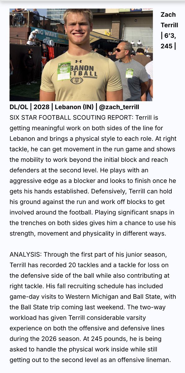 zach_terrill's tweet photo. Thanks @sixstarfootball for the article! @CoachYoder1 @lebanontigers @LebanonFTBL @SWiltfong_ @AllenTrieu @KyleNeddenriep @Will_Willems @IndianaPreps @mwfbrecruiting @CoachScheib @HoosPrepGrid @TomLoy247 https://t.co/oxwwHf22Ny