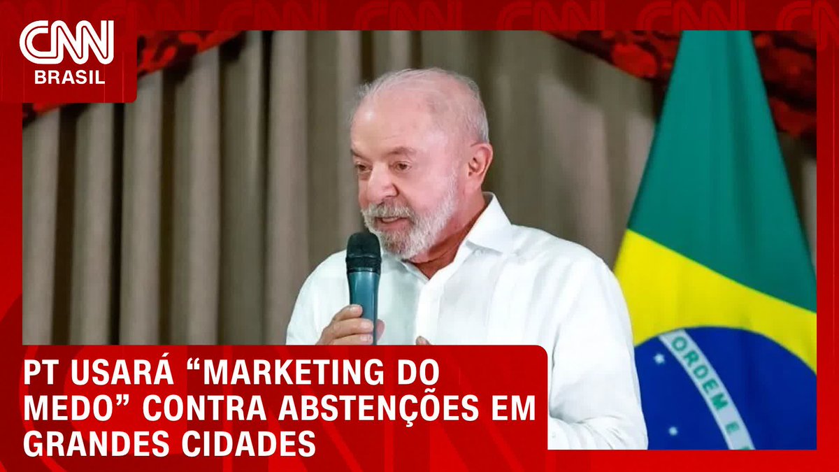 The image is a news broadcast screenshot from CNN Brasil showing an older man with a white beard speaking into a microphone, with the Brazilian flag visible behind him. The headline at the bottom reads "PT USARÁ 'MARKETING DO MEDO' CONTRA ABSTENÇÕES EM GRANDES CIDADES," which relates to the accompanying post about the PT party using "fear marketing" to combat voter abstention in major cities.