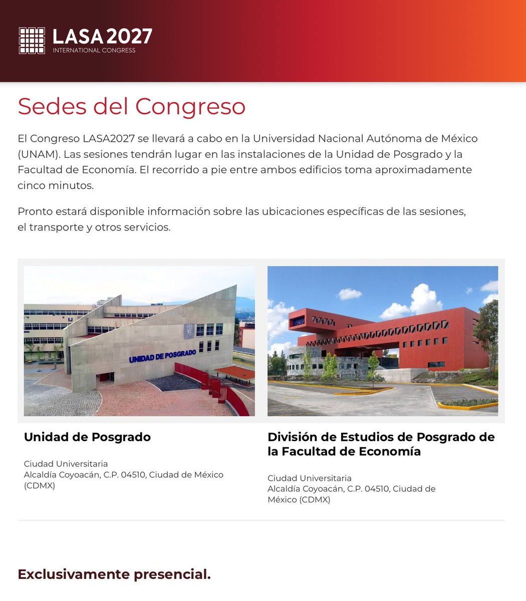 lasaintcongress's tweet photo. ¿Sabías que el próximo Congreso Internacional de LASA se realizará en la emblemática UNAM, en la Ciudad de México? 🇲🇽
Las sesiones tendrán lugar en:
→ Unidad de Posgrado
→ División de Estudios de Posgrado de la Facultad de Economía 
https://t.co/CQdYGbMGWH
#LASA2027 https://t.co/92HhFLAT2o