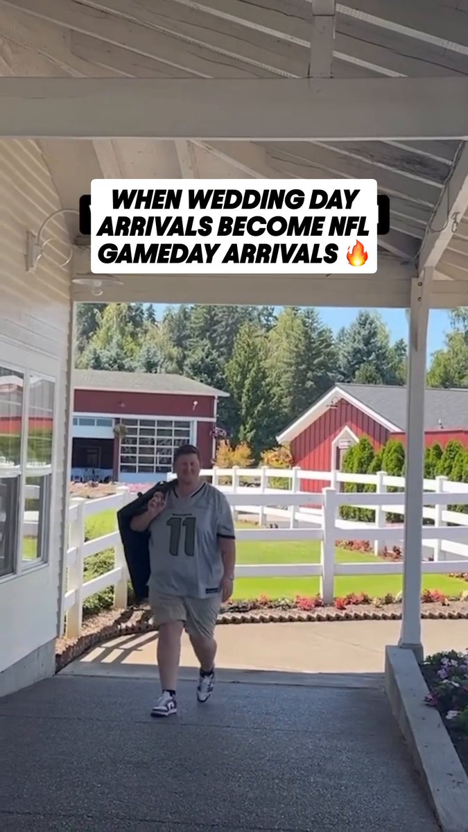 A video still showing a woman arriving at a wedding wearing a casual oversized football jersey with the number 11, captioned 'WHEN WEDDING DAY ARRIVALS BECOME NFL GAMEDAY ARRIVALS 🔥'.