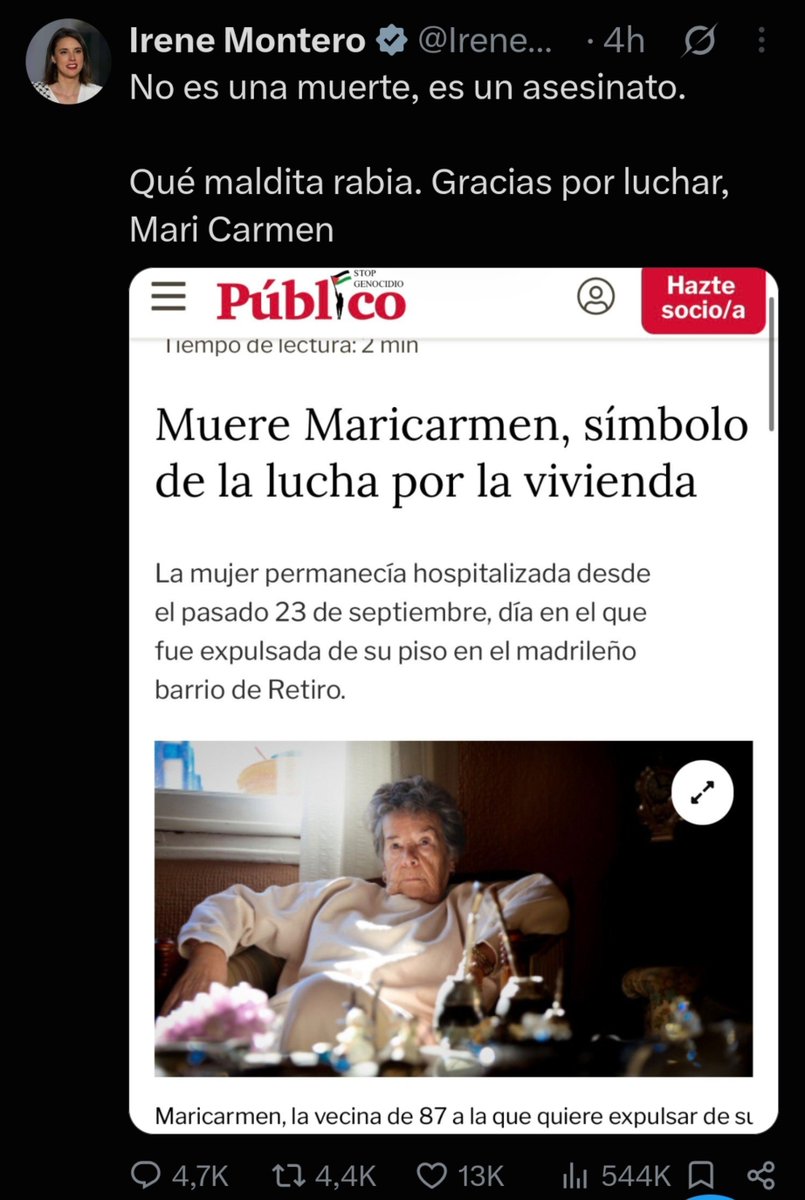 Clonazepamers's tweet photo. Asco me da la política y este gobierno psicópata.

Muere Maricarmen, una señora que ya tiene 89 años, y dos (2) minutos después de la noticia estaban todas las cuentas del Gobierno, que no ha hecho nada estos 8 años, usándola como campaña.

¿En qué momento normalizamos esto? https://t.co/YOGQ07MyQW
