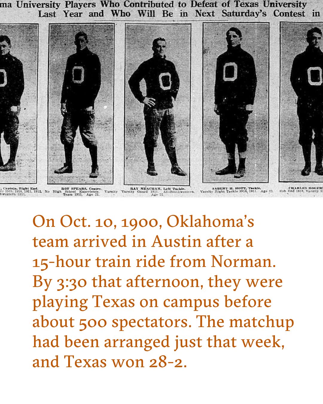 Five black-and-white photos show vintage Oklahoma University football players in dark uniforms with a large 'O' on the chest. Text above reads 'University Players Who Contributed to Defeat of Texas University'. Below, text details the Oct. 10, 1900, game where Oklahoma lost to Texas 28-2.