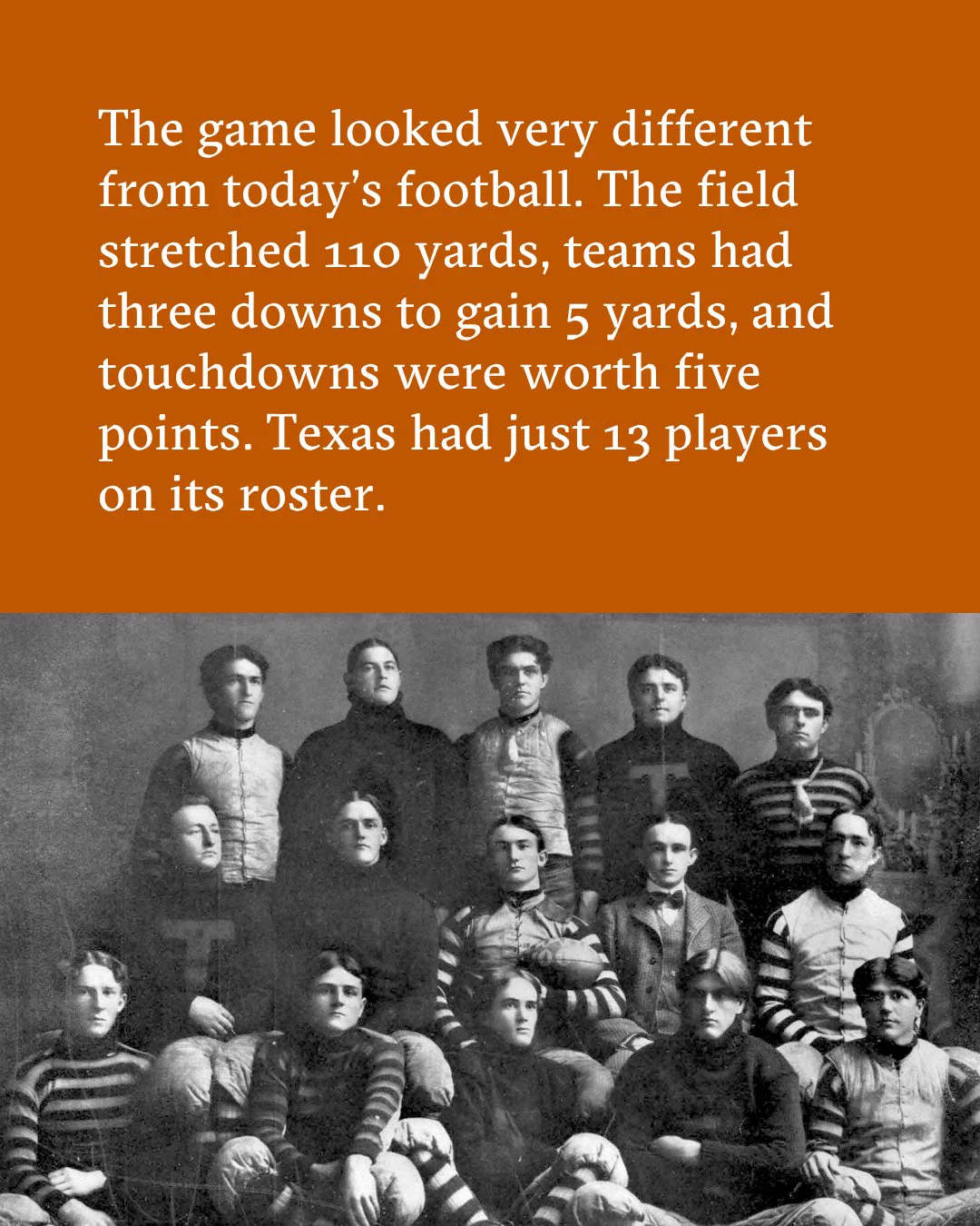 The game looked very different from today's football. The field stretched 110 yards, teams had three downs to gain 5 yards, and touchdowns were worth five points. Texas had just 13 players on its roster. A vintage photo of 13 men in old uniforms.
