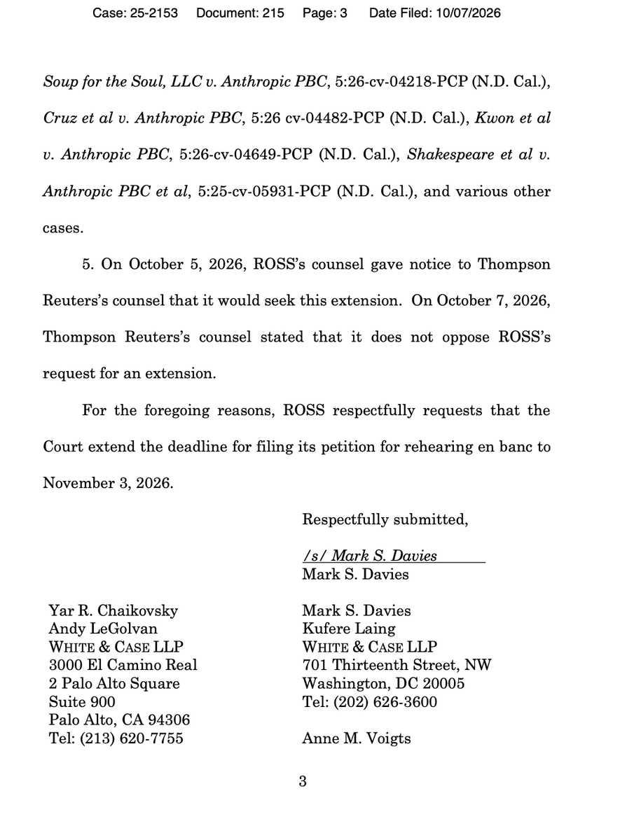 ROSSIntel's tweet photo. We are moving for an en banc rehearing of the recent Third Circuit decision in Thomson Reuters v. ROSS Intelligence. https://t.co/eTetHnwUUK