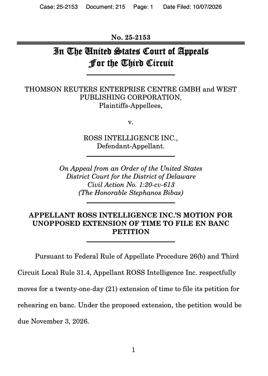 ROSSIntel's tweet photo. We are moving for an en banc rehearing of the recent Third Circuit decision in Thomson Reuters v. ROSS Intelligence. https://t.co/eTetHnwUUK
