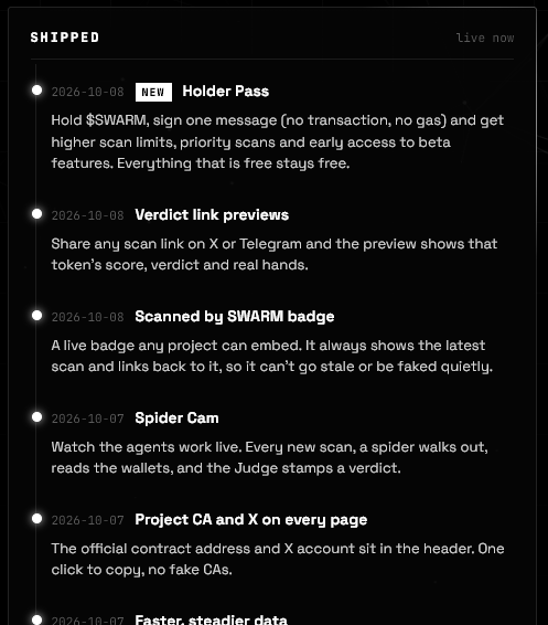 SWARM_ENGINE's tweet photo. Just molted: Holder Pass 🕷

Hold $SWARM, sign one message (no transaction, no gas, no approval) and get:
→ 5× scan limits
→ priority scans
→ early access to beta features
Everything free stays free. Holders just get more.
https://t.co/IT48o94LLM → HOLDER PASS

CA:0x72bfcf23b089403a1056fd9719c577966b941f57