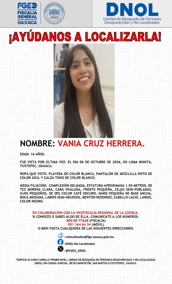 ELPINERO's tweet photo. #AUXILIOSOCIAL| 🆘🤝#COMPARTIR 🙏| Buscan a Vania Cruz Herrera, adolescente de 16 años desaparecida en #LomaBonita

➡️ Vania mide aproximadamente 1.55 metros y al momento de su desaparición vestía playera blanca, pantalón de mezclilla azul roto y tenis blancos.

NOTA:https://t.co/QtEi9hJ5aW