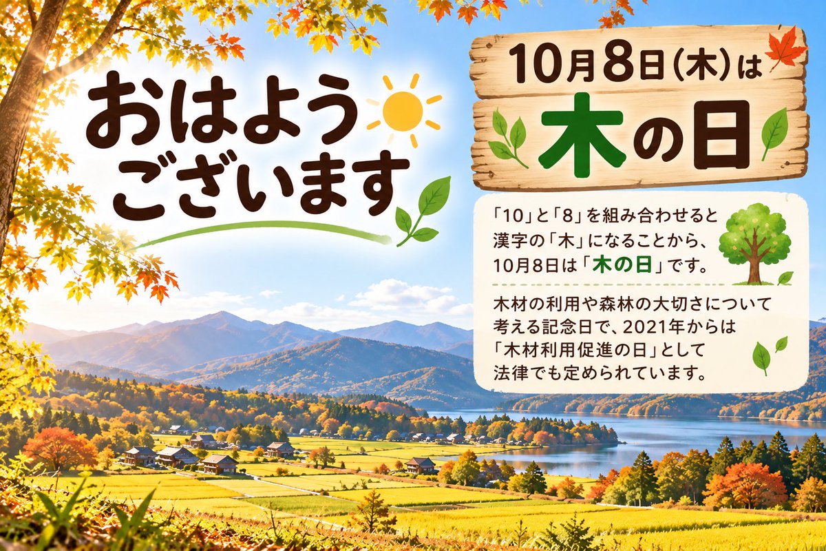akibarejp's tweet photo. 皆様おはようございます♪
木曜日ですね😄

今日も晴れです☀️

今日は木の日、、🌳
「十」と「八」を組み合わせると「木」の字になることに由来するみたいです🤔

今日も一日よろしくお願いします😎☕️✨

#木の日
#ブルバ100 #フォロバ100
#followback https://t.co/2P0Kl6KFTN
