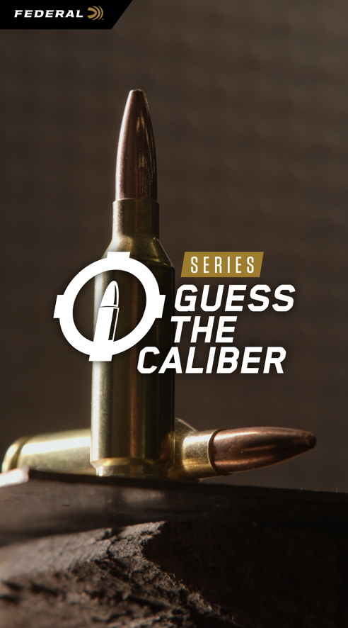 A promotional image for Federal's 'Guess The Caliber' series featuring two rifle cartridges stacked together against a dark background.