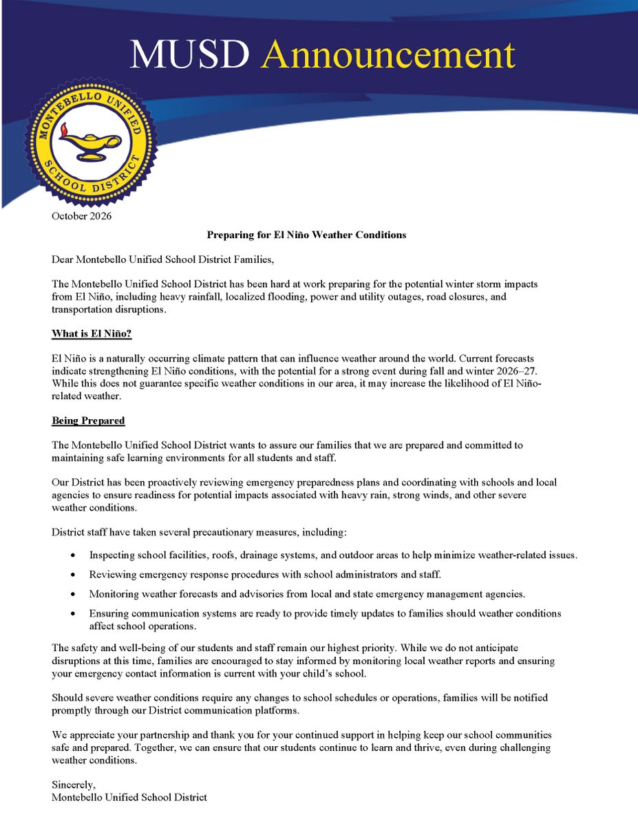 gomusd's tweet photo. MUSD Announcement - Preparing for El Niño Weather Conditions - Click here for more information: https://t.co/rHTy06mCMl https://t.co/lMJnPI1TCl