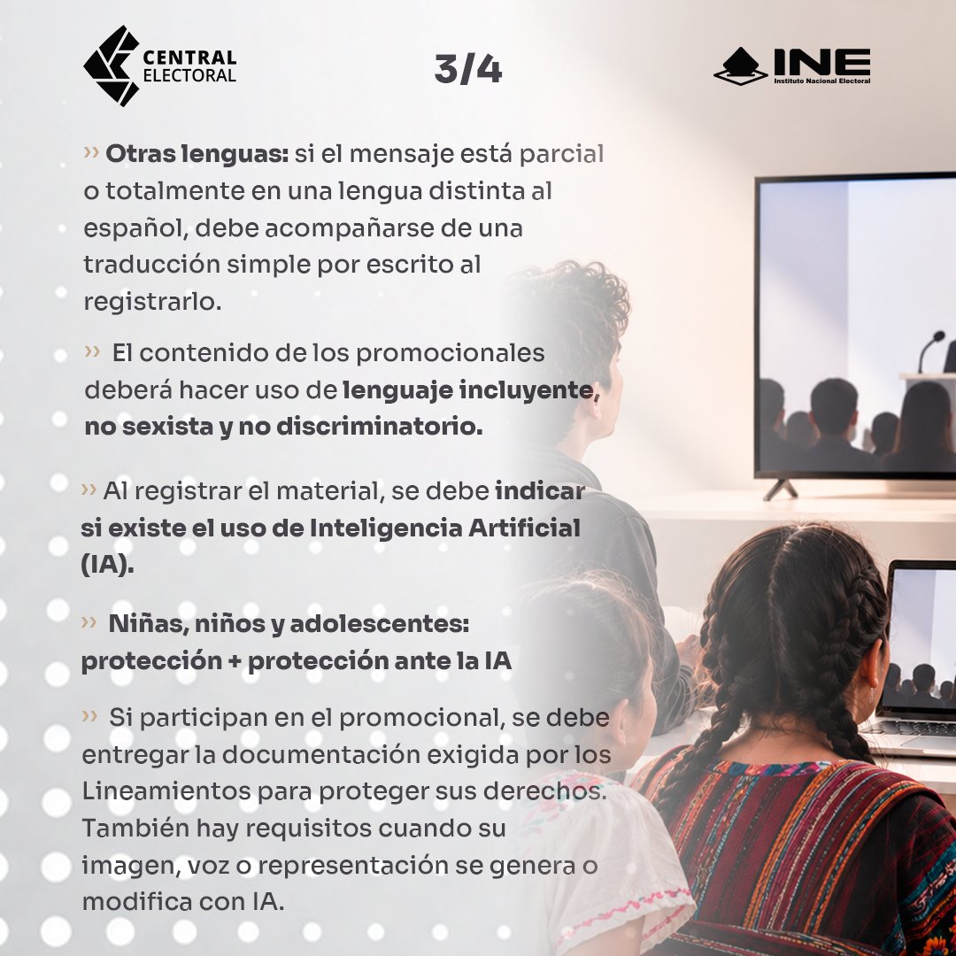 INEMexico's tweet photo. 🔎 El INE verifica que los promocionales de radio y TV cumplan con especificaciones técnicas antes de su difusión: 

▪️Duración de 30 segundos
▪️Subtítulos
▪️Lenguaje incluyente 
▪️Protección a la niñez

✅ Un dictamen óptimo asegura la calidad de transmisión, sin implicar aprobación del contenido.