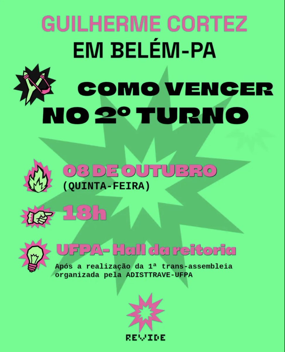 handroanthns's tweet photo. 📢 GUILHERME CORTEZ EM BELÉM - PÁ ‼️

AMANHÃ o Deputado Federal Guilherme Cortez participará da roda de conversa “Como Vencer No 2° Turno” na UFPA!

📅 08 de Outubro (Quinta-feira)
⏰ 18h
📍Hall da Reitoria - UFPA
Org.: Revide Paraense.

mais informações: https://t.co/OpsTfMCp6u https://t.co/8KX2OMS0Me