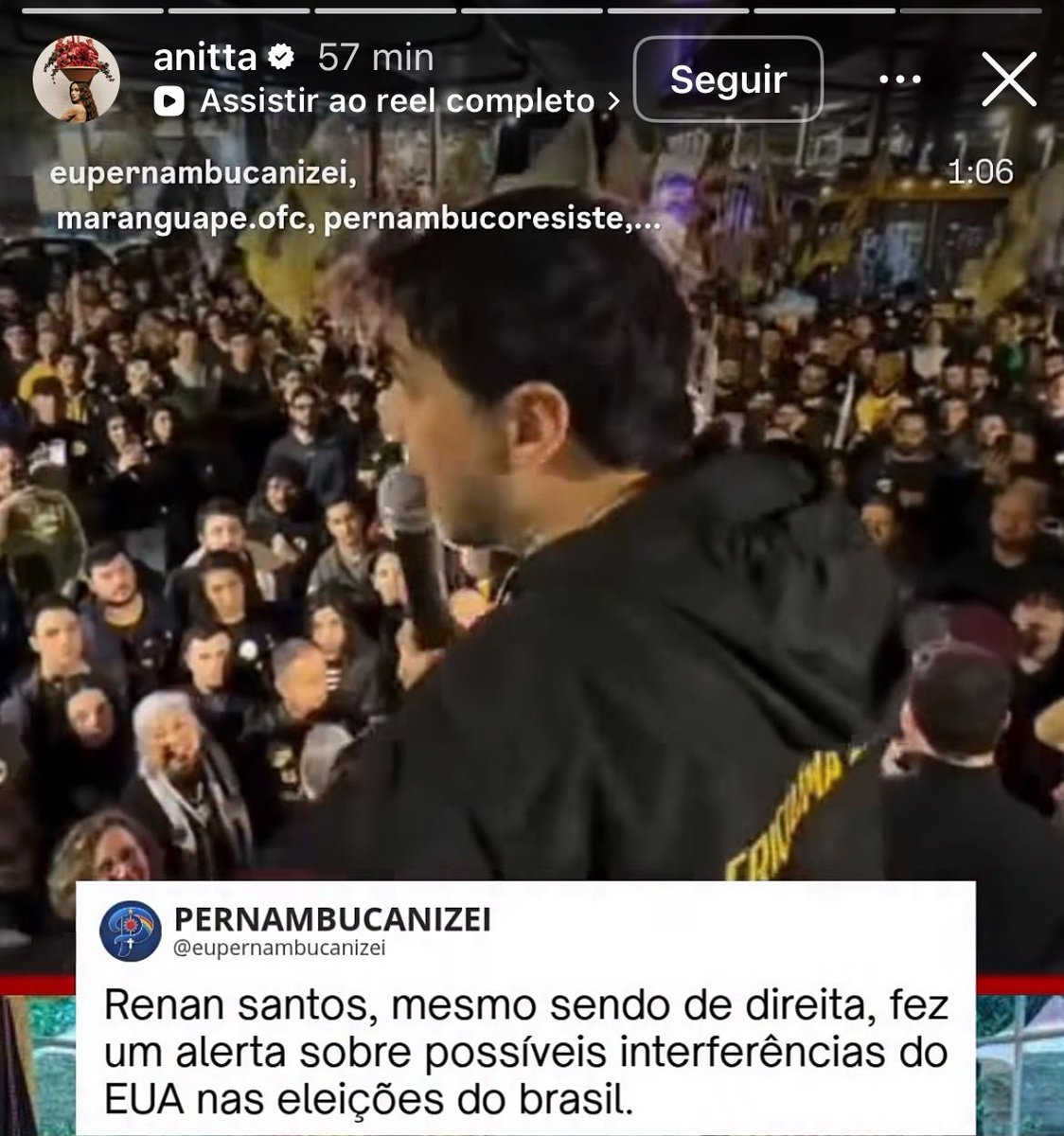 republiqueBRA's tweet photo. 🇺🇸 🗣️ Anitta compartilha, nos stories do Instagram, vídeo de Renan Santos alertando sobre uma possível interferência dos EUA nas eleições brasileiras. https://t.co/I2K8ZargEz