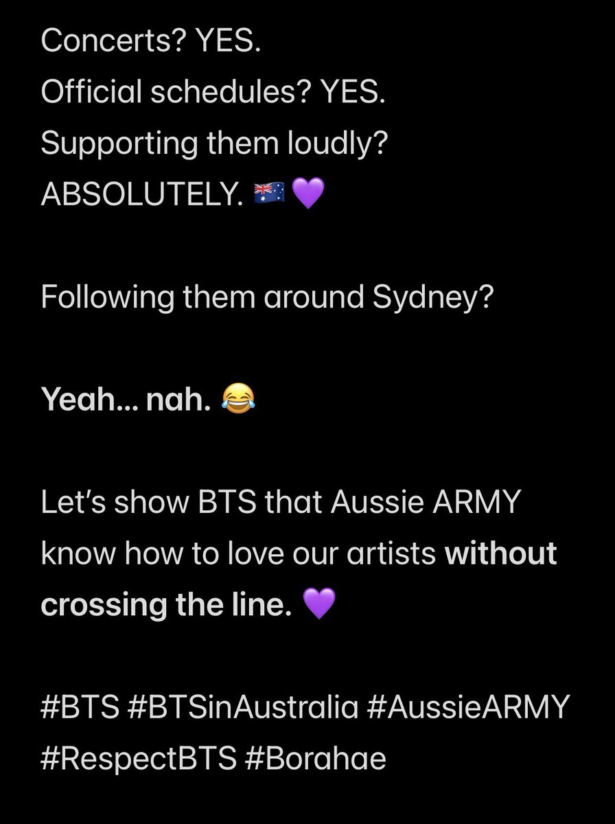 AUS_BTS_FUNDING's tweet photo. Aussie ARMY,  WE  ARE respectful and NORMAL  right? 💜@bts_aus @btsarmystreamer @BTSAussieCharts https://t.co/5nlOMkacnM