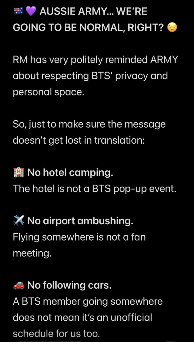AUS_BTS_FUNDING's tweet photo. Aussie ARMY,  WE  ARE respectful and NORMAL  right? 💜@bts_aus @btsarmystreamer @BTSAussieCharts https://t.co/5nlOMkacnM