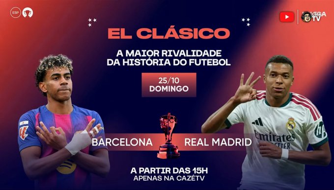 This promotional graphic from CazeTV advertises the El Clásico match between Barcelona and Real Madrid, featuring stars Lamine Yamal and Kylian Mbappé, scheduled for Sunday, October 25th at 3 PM (15h). The post notes the strategic timing coincides with Brazilian election vote counts starting at 5 PM, suggesting viewers won't want to miss either event.