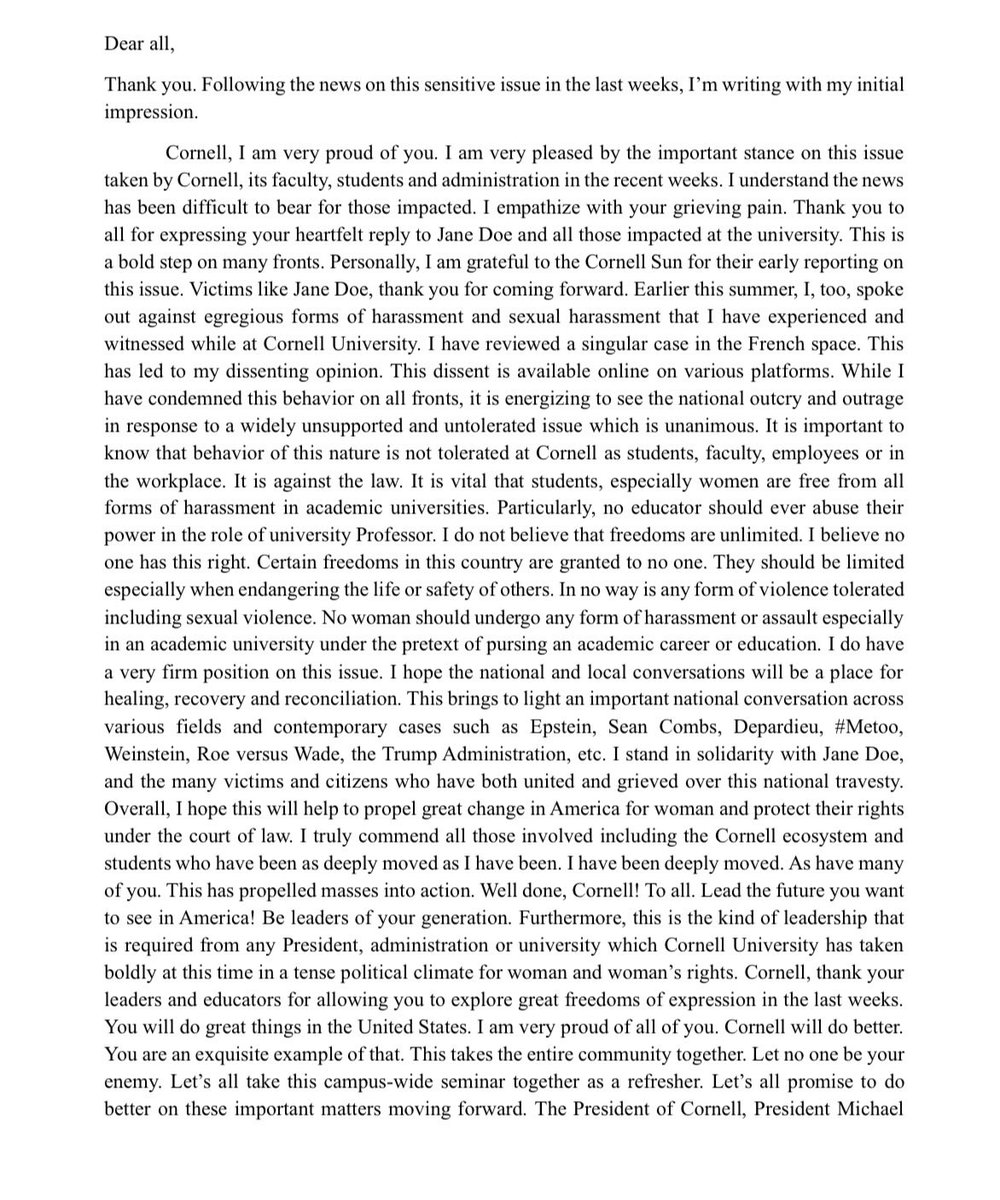 VoilaCatherine's tweet photo. Cornell University, you amaze me. I am so proud to be a Cornellian today. Following the news of last weeks, I’m sharing a letter to you reflecting on my initial impressions. I will continue to share my thoughts and opinions on my Twitter. I will share all the resources I can. Ty! https://t.co/D8chfYQAR5