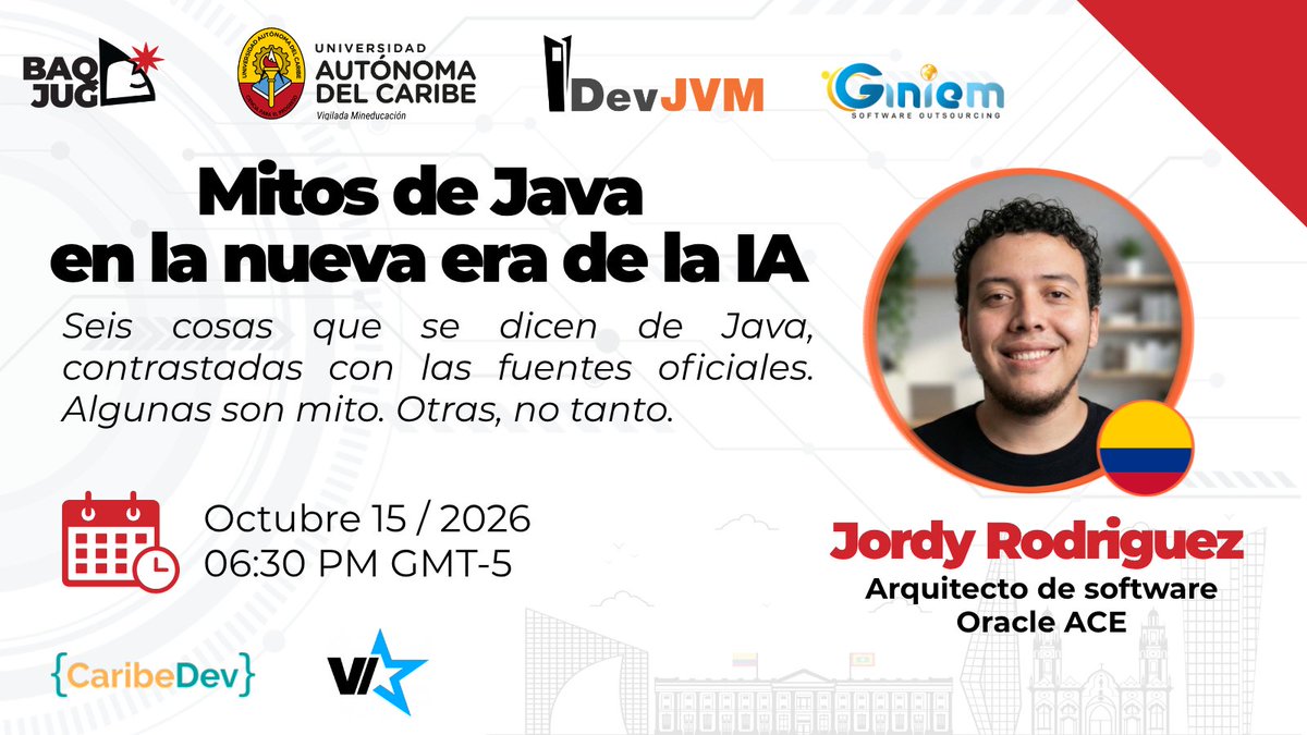barranquillajug's tweet photo. ¿Qué es mito y qué es realidad en el ecosistema Java hoy? 🤔 Acompáñanos este 15 de oct. a las 06:30 PM (GMT-5) con @jordy_4sd, para la charla: "Mitos de Java en la nueva era de la IA".
📍 En vivo aquí: https://t.co/cXtRmsCtAZ
#Java #BarranquillaJUG #IA #OpenJDK https://t.co/d1L6CYhrSv