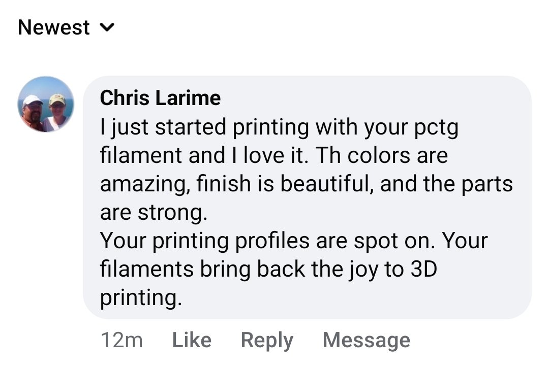 3D_Fuel's tweet photo. "Your filaments bring back the joy to 3D printing."
That might be the best compliment I've ever received.
#3dprinting #madeinusa https://t.co/ZLTBakbdwC