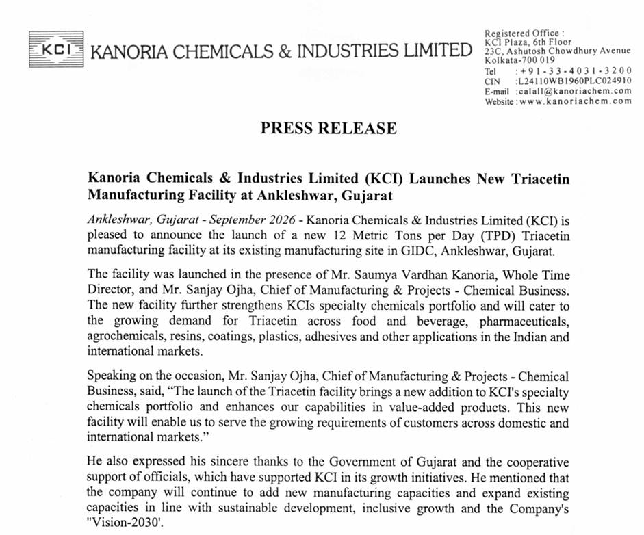 vluxeinvests's tweet photo. ๐งช Kanoria Chemicals Launches 12 TPD Triacetin Facility at Ankleshwar
๐๐ป Capacity: 12 metric tonnes per day
๐๐ป Location: GIDC Ankleshwar, Gujarat
๐๐ป Product: Triacetin
๐๐ป Applications: Food, pharma, agrochemicals, coatings & plastics
#KANORICHEM #Triacetin #SpecialtyChemicals #Capex