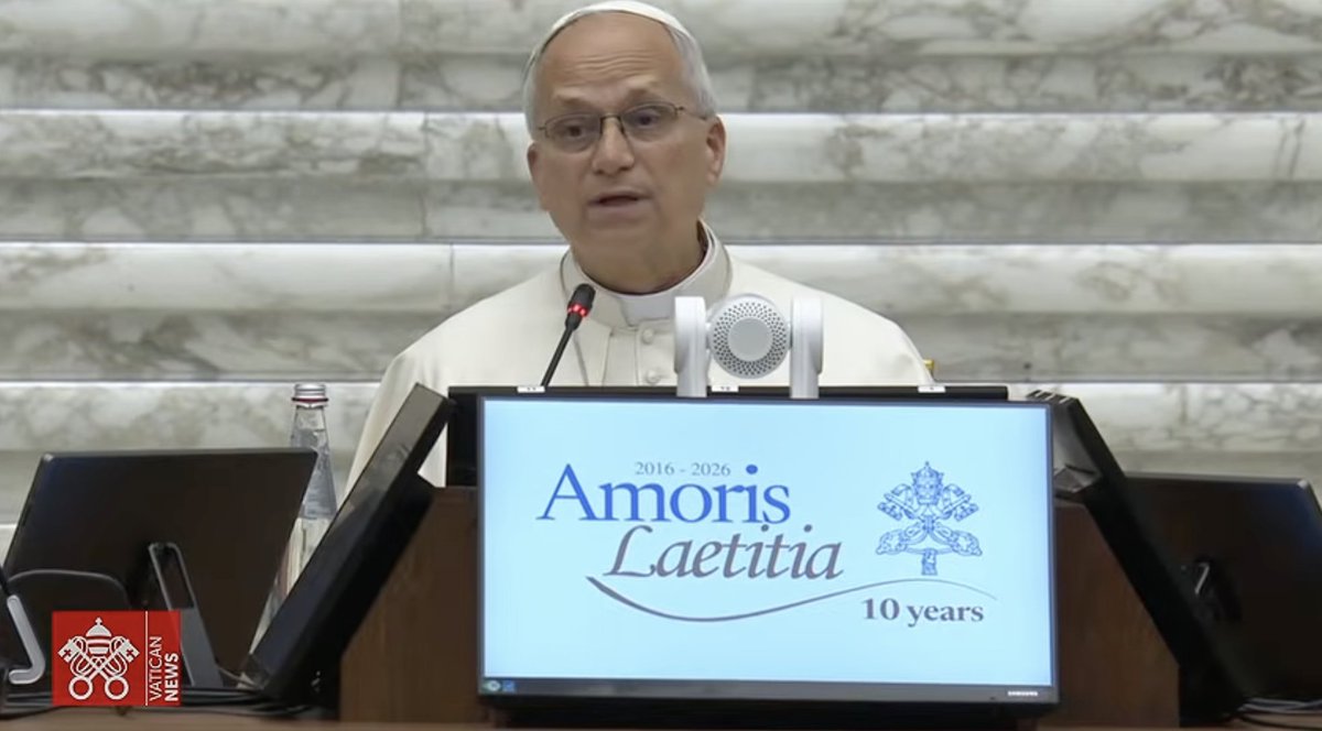 ChristopherHale's tweet photo. The American pope is now speaking behind a campaign placard, as if he’s running for office.

One thing is clear: this Church is not going backward. 

We’re building on the work of Francis and his predecessors to move forward in what Leo called today “the evangelical freedom” of the Holy Spirit