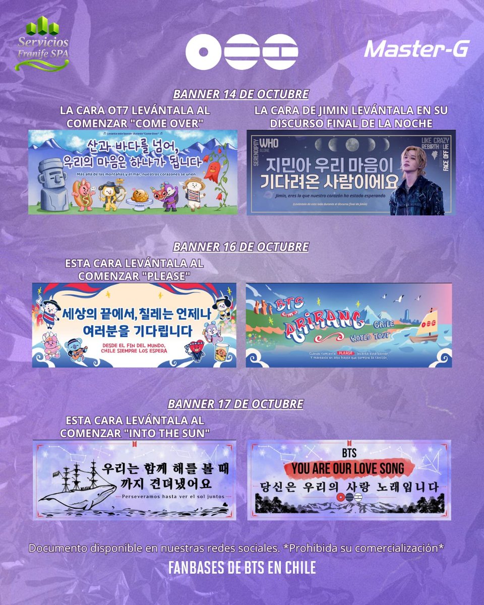 ConnectedBts's tweet photo. 📌 ¡IMPORTANTE!
La entrega será completamente gratuita y pronto informaremos cómo se realizará la distribución. Los diseños ya están disponibles en nuestras redes y está prohibida su comercialización

Gracias a cada ARMY que aportó, difundió y confió en este proyecto. ¡Nada de esto habría sido posible sin ustedes! 💜

¡Nos vemos este 14, 16 y 17 de octubre en el Estadio Nacional! 🇨🇱