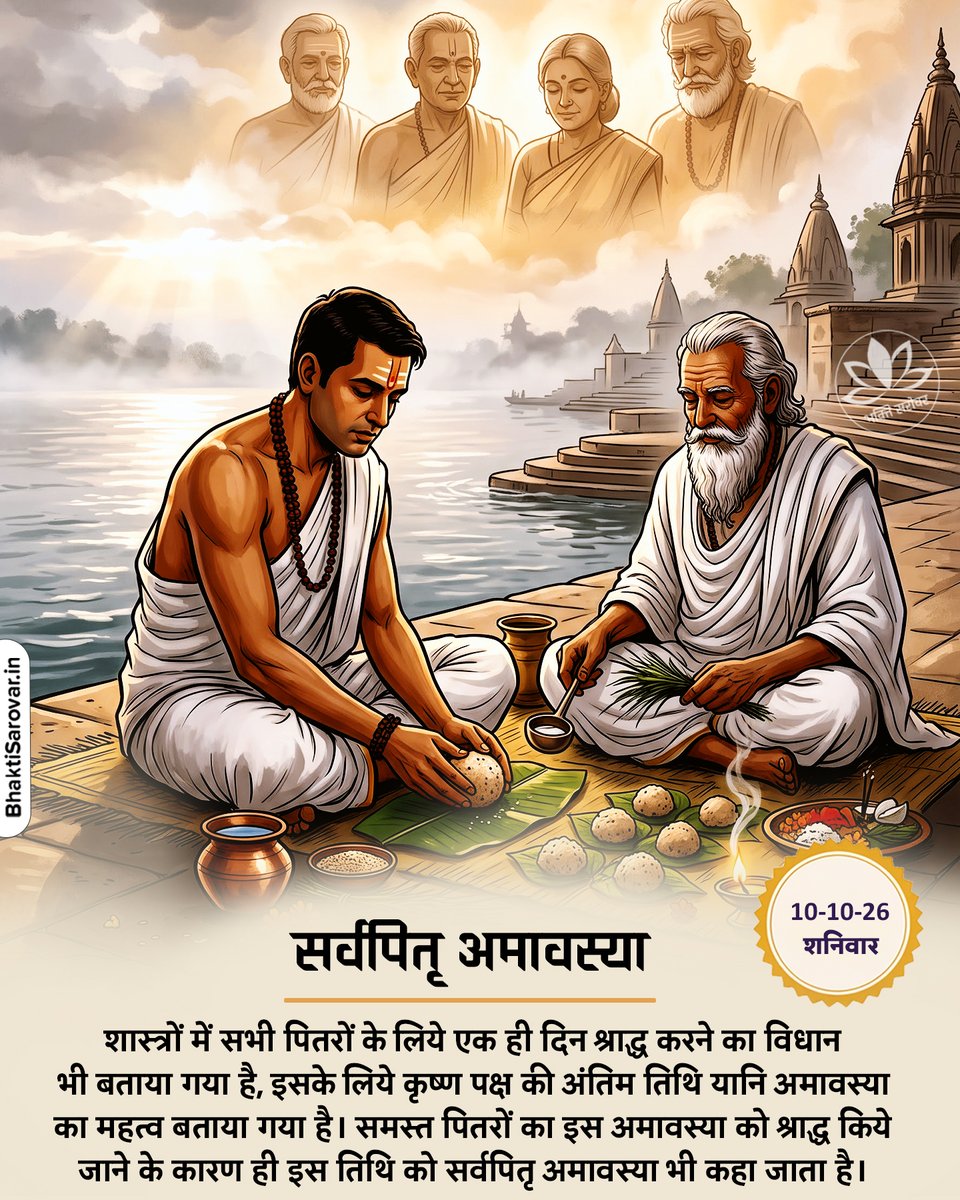 bhaktisarovar's tweet photo. ॐ पितृभ्यः स्वधा नमः 🙏

🗓️ सर्वपितृ अमावस्या: 10 अक्टूबर 2026, शनिवार
🗓️ अमावस्या तिथि: 9 अक्टूबर रात लगभग 09:35/09:36 बजे से 10 अक्टूबर रात 09:19 बजे तक

सर्वपितृ अमावस्या पितृपक्ष का अंतिम दिन है। इस दिन विशेष रूप से उन पूर्वजों का श्रद्धापूर्वक स्मरण किया जाता है जिनकी मृत्यु-तिथि ज्ञात न हो या जिनका श्राद्ध नियत तिथि पर न हो पाया हो।

समस्त पितरों का इस अमावस्या को श्राद्ध किये जाने के कारण ही इस तिथि को सर्वपितृ अमावस्या भी कहा जाता है। इस दिन पितरों के नाम की धूप देने से मानसिक व शारीरिक तौर पर शांति प्राप्त होती है और घर में भी सुख-समृद्धि आती है।

अपनी पारिवारिक परंपरा के अनुसार तर्पण, श्राद्ध या पिंडदान किया जा सकता है। यदि विस्तृत कर्मकांड संभव न हो, तो शांत मन से पूर्वजों का स्मरण करें और सामर्थ्य अनुसार अन्न, भोजन, वस्त्र या उपयोगी सामग्री का दान करें।

घर पर दीप जलाकर “ॐ पितृभ्यः स्वधा नमः” मंत्र के साथ कृतज्ञता व्यक्त की जा सकती है।

सर्वपितृ अमावस्या हमें अपनी जड़ों, परिवार और पूर्वजों के योगदान को सम्मानपूर्वक याद करने की प्रेरणा देती है।

#सर्वपितृ_अमावस्या #पितृपक्ष #bhaktisarovar
