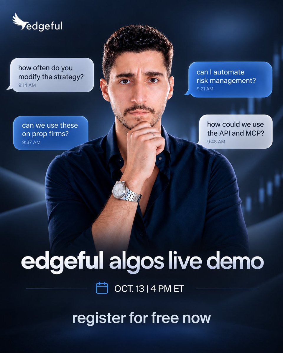 WhizzTrades's tweet photo. you don't need to know how to code to run an algo...

@edgeful is doing a free live demo on oct 13 at 4pm et, and @andrearslanian is walking through the whole thing:

1: the orb, initial balance, and engulfing candle algos + how each one trades differently

2: finding your settings with the templates and optimizer

3: what to look for in a good optimizer result

4: prop firm sim analysis

5: getting it live in tradingview with their chrome extension in a couple clicks

45 min walkthrough + q&a, completely free

if you've been curious about algos but never knew where to start... this is it

link in the replies 👇