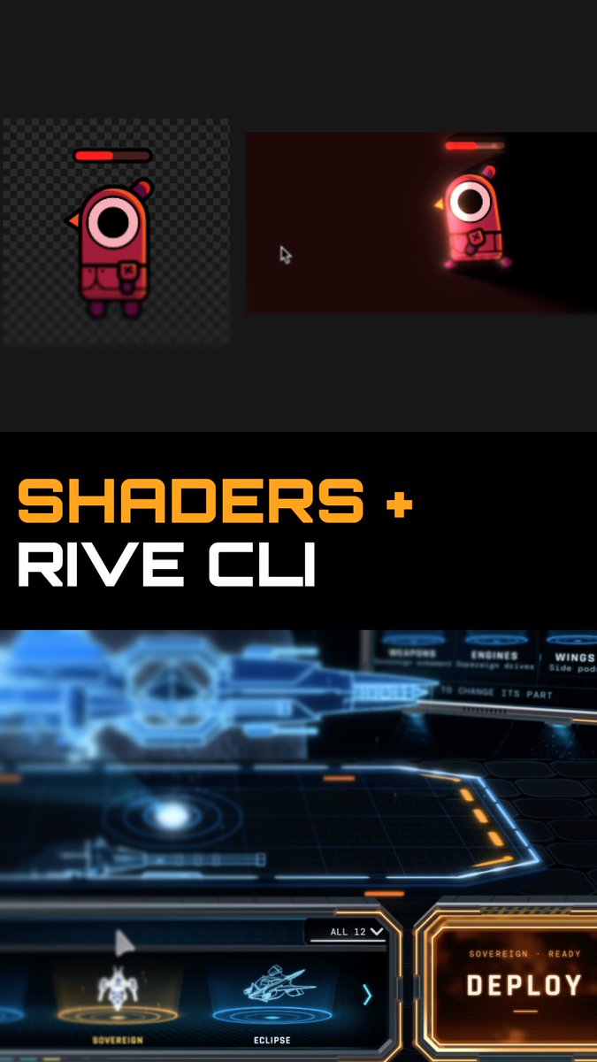 A promotional graphic featuring the text "SHADERS + RIVE CLI" between images of a red Among Us-style character sprite and a futuristic spaceship interface with "DEPLOY," "SOVEREIGN," and "ECLIPSE" UI elements.