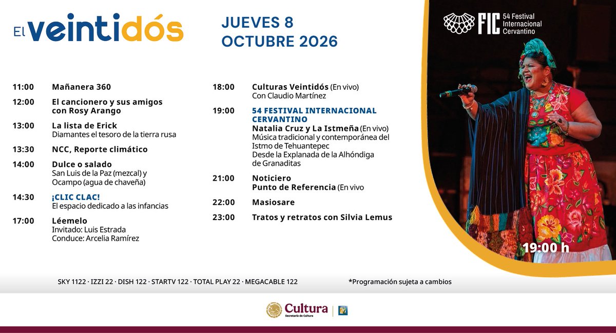 Canal22's tweet photo. ☀️ ¡Ya es jueves! Te presentamos las carteleras del #Veintidós y @CanalMxNuestroCine de este jueves 8 de octubre.

📺 Señal 22.1 
Streaming: https://t.co/xgTmcgfpxY

📺 Señal 22.2 
Streaming:https://t.co/JOaPxZKgqn https://t.co/cITqJNjhN3