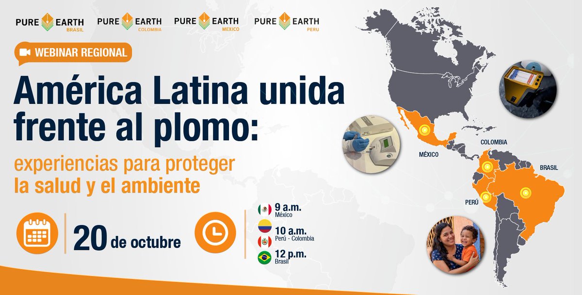 PureEarthCol's tweet photo. 🌎 América Latina unida frente al plomo.

Únete al webinar regional de Pure Earth para conocer experiencias de Brasil, Colombia, México y Perú que protegen la salud y el ambiente.

📅 20 de octubre | 11:00 a. m. ET
🔗 https://t.co/hpDgDgXgvW
#ILPPW2026 #SaludAmbiental #PureEarth https://t.co/9zL8J45Xs4