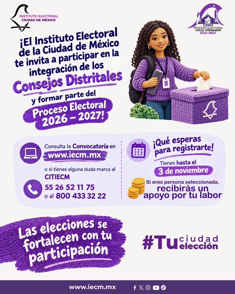 Distrito21IECM's tweet photo. 🗳️ En los Consejos Distritales hay un espacio para todas las personas.
Participa en la preparación, organización y vigilancia de las elecciones de nuestra Ciudad y contribuye al fortalecimiento de la vida democrática.

Además, se otorgará un apoyo económico por tu participación. https://t.co/Sw4z6USCv1