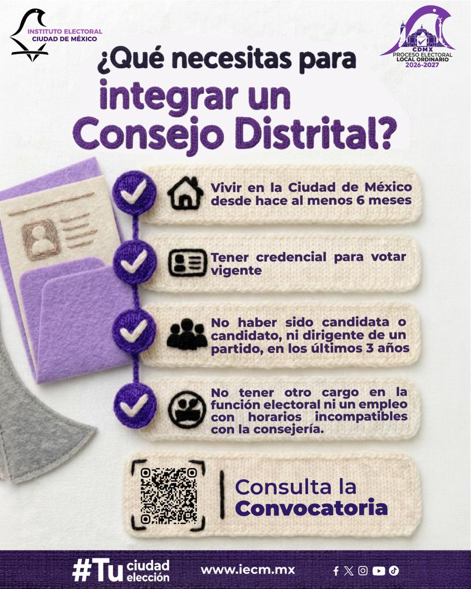 Distrito21IECM's tweet photo. 🗳️ En los Consejos Distritales hay un espacio para todas las personas.
Participa en la preparación, organización y vigilancia de las elecciones de nuestra Ciudad y contribuye al fortalecimiento de la vida democrática.

Además, se otorgará un apoyo económico por tu participación. https://t.co/Sw4z6USCv1