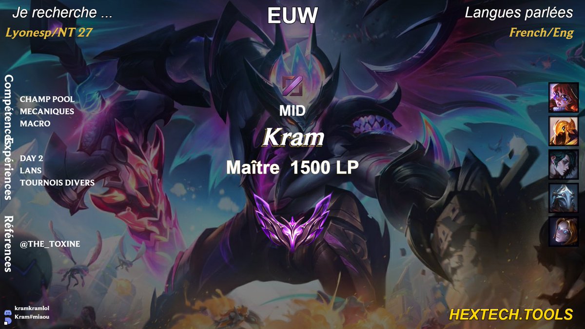 kramkramlol's tweet photo. Hello ! 
LFT MID pour la lyon esport et le NT 2027
une très grosse envie de try hard et de progresser
N'hésitez pas à like + rt !
@LFTDiscord @LoL_LFT_Fr https://t.co/oH8Sy5ELJa
