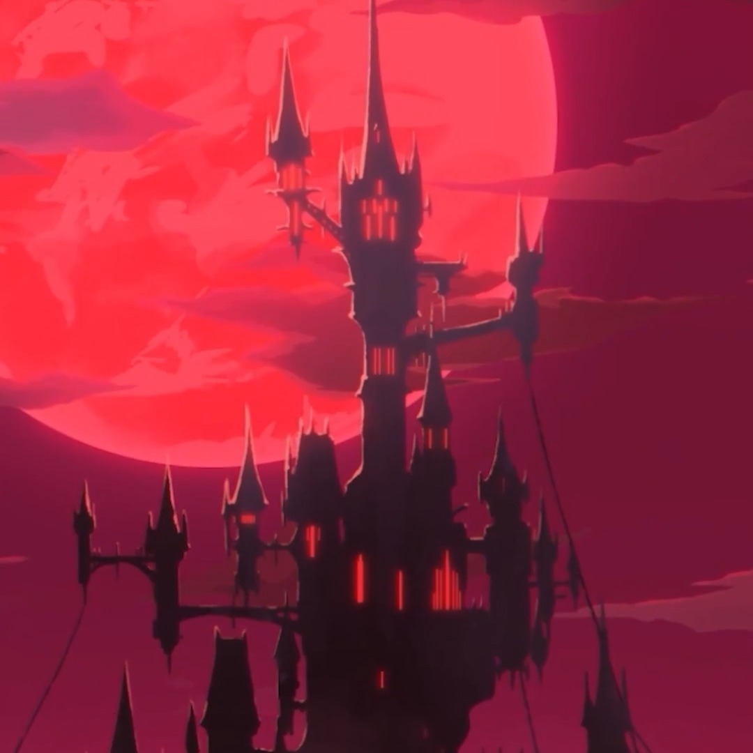 A dark, gothic castle silhouette set against a dramatic red sky with stylized clouds.