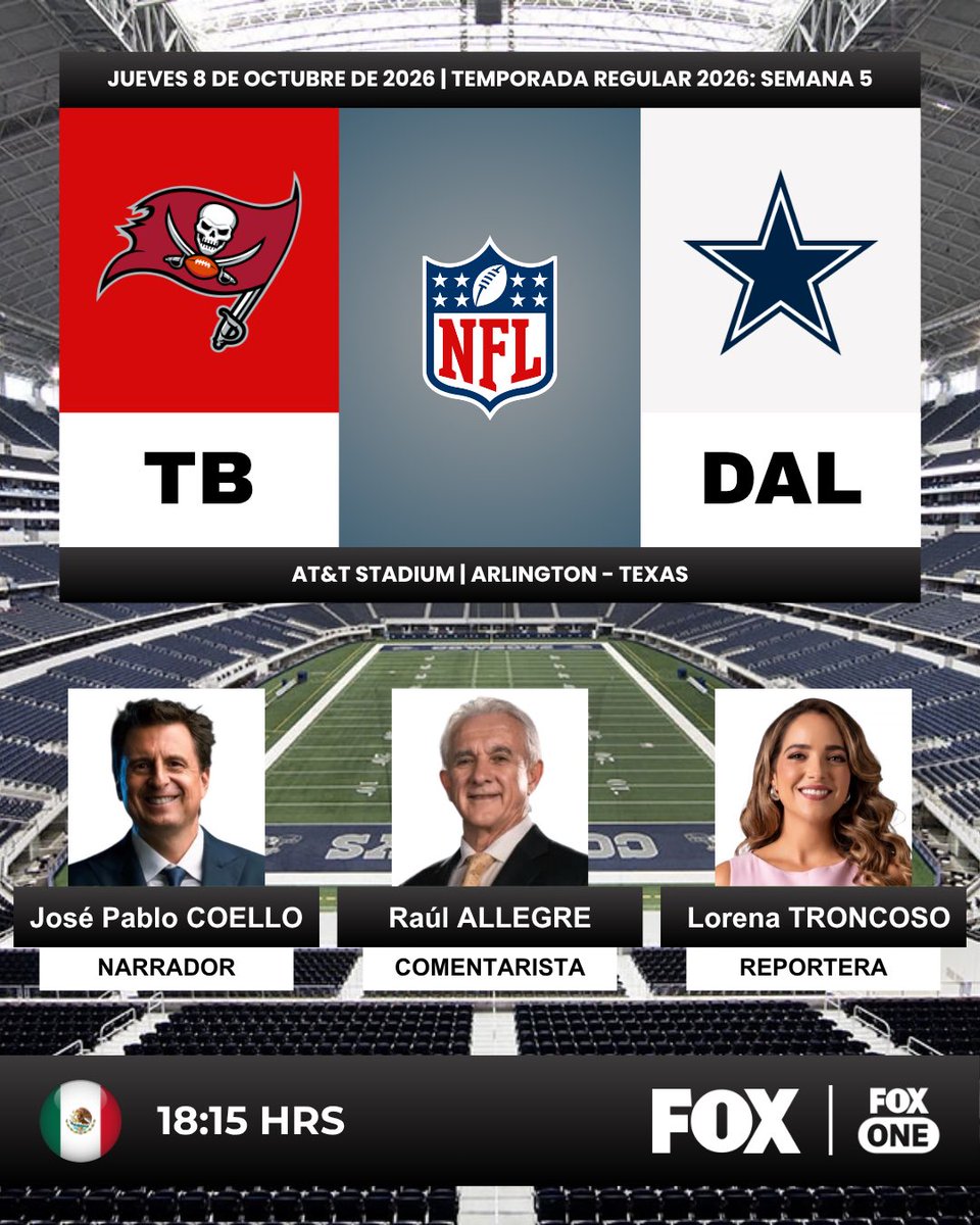 ProgramacionUS's tweet photo. 🏈 #NFL | @Buccaneers vs. @dallascowboys 

🎙️Narrador: @JosePabloCoello  
🎙️Comentarista: @RaulAllegre 
🎙️Reportera: @loretro1 
📺 #FOX México 🇲🇽
💻📱@foxone México 🇲🇽

#️⃣ #NFLenFOX - #TNF - #TBvsDAL https://t.co/MwmJezJ87T