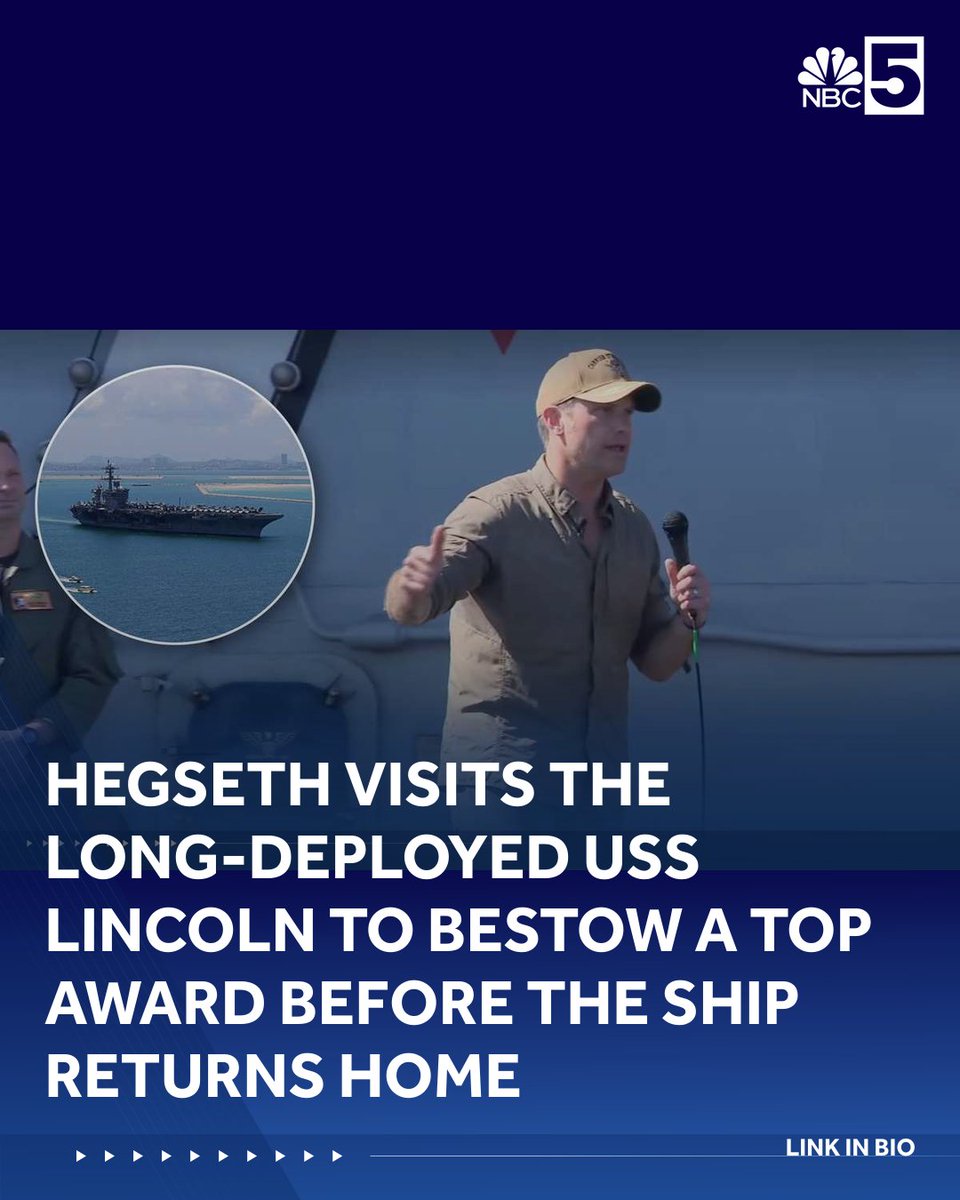 MyNBC5's tweet photo. Hegseth visits the long-deployed USS Lincoln to bestow a top award before the ship returns home | LINK IN BIO https://t.co/VIANc1fH1C