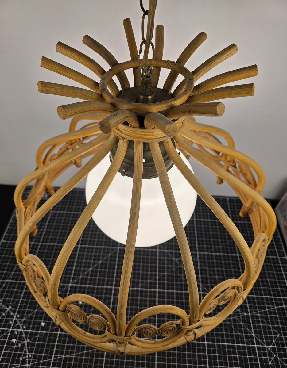 realJohnBlanche's tweet photo. Best thing to come out of the garage today. '70s rattan swag lamp, milk-glass globe, still lights up.

One little curl went missing sometime in the last 50 years.

What would you pay? Then check the tag:
https://t.co/8kOAG9UlTK https://t.co/WI6BZnPe3f