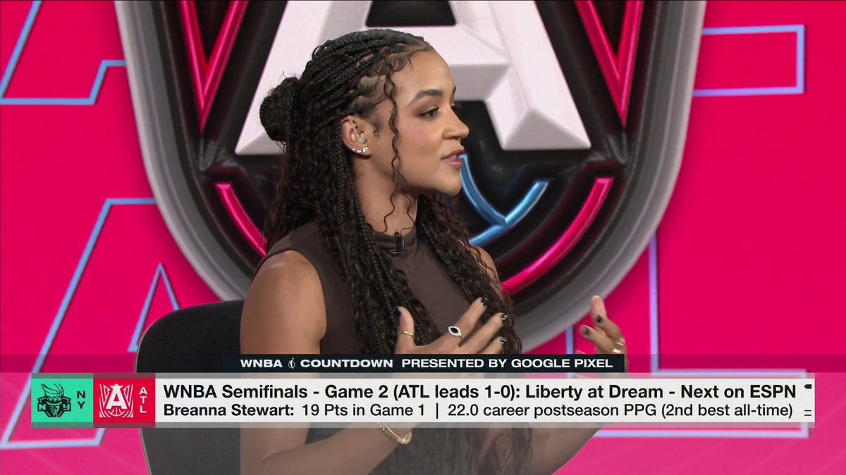 ESPN WNBA Countdown analyst Andraya Carter breaks down the stylistic matchup between the New York Liberty and Atlanta Dream ahead of Game 2, noting New York's size advantage against Atlanta's speed. On-screen graphics show Atlanta leads the semifinals 1-0 and highlight Breanna Stewart's 22.0 career postseason PPG (2nd best all-time) after scoring 19 points in Game 1.
