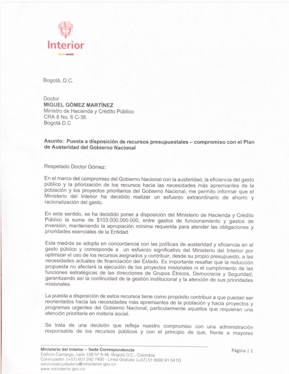 Rodrigo_Lara_'s tweet photo. ¡Aquí predicamos con el ejemplo! 🇨🇴 

103 mil millones de pesos de ahorro en el Ministerio del Interior. Hacemos lo mismo y más con mucho menos. Recursos que ahora pueden ir a los programas sociales de los colombianos.

También terminamos 557 contratos heredados de la politiquería anterior y conservamos solo a quienes sí trabajan. Aquí no se paga por no hacer nada.

Menos burocracia, más resultados. La austeridad empieza por casa.
