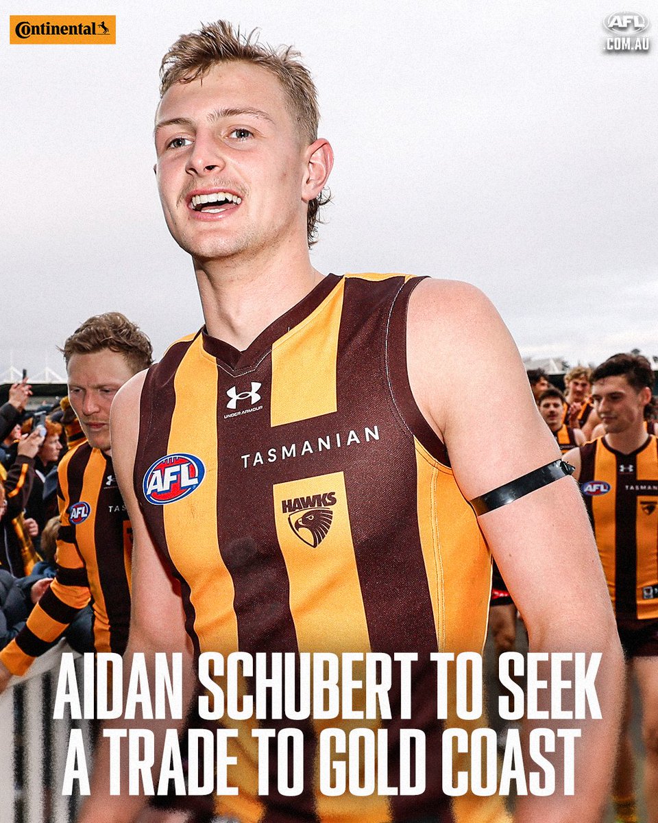 AFL's tweet photo. Young Hawk Aidan Schubert will seek a move to the Suns, @CalTwomey reports.

Details: https://t.co/CC5X0wlkpZ

Thanks to Continental Tyres of Australia. https://t.co/xhDaB7Tv5L