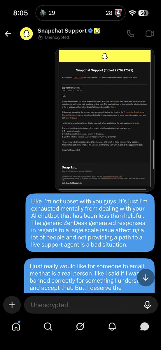 SSchoenemanYT's tweet photo. @snapchatsupport The issue is I have, repeatedly today. You started ignoring me, just because I’m asking for a manual review of my ban that was issued without any prior moderation history or action on my account https://t.co/4tmfOta3Kh