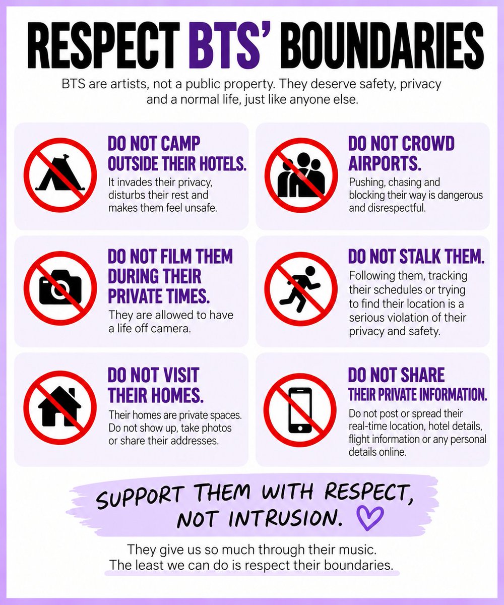 Seoul_OT7's tweet photo. Let's spread the #ARMY etiquette. 
Loving #BTS means respecting their privacy. https://t.co/RA4s30Wkg0